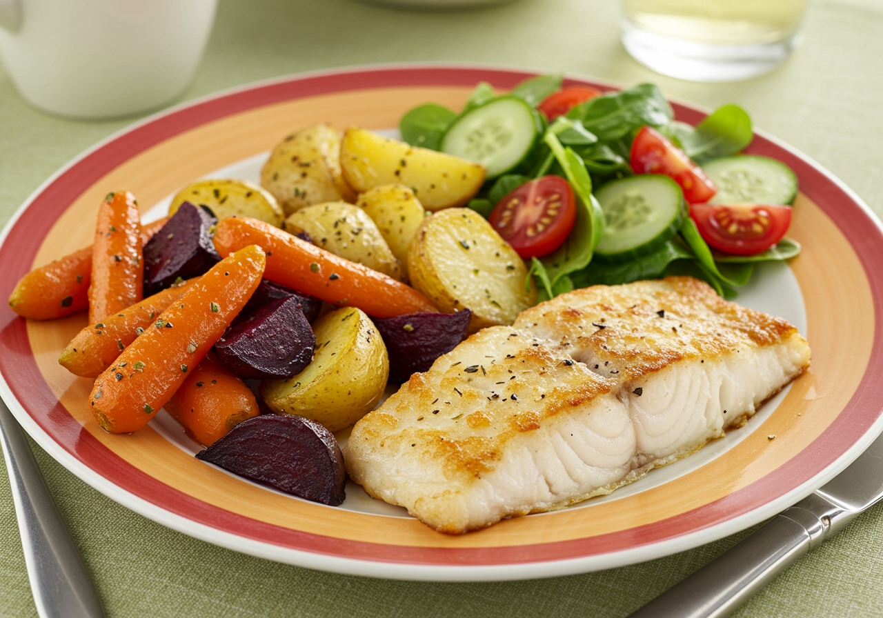 A colorful dinner plate with baked white fish, roasted root vegetables, and a side salad, showing a balanced meal.