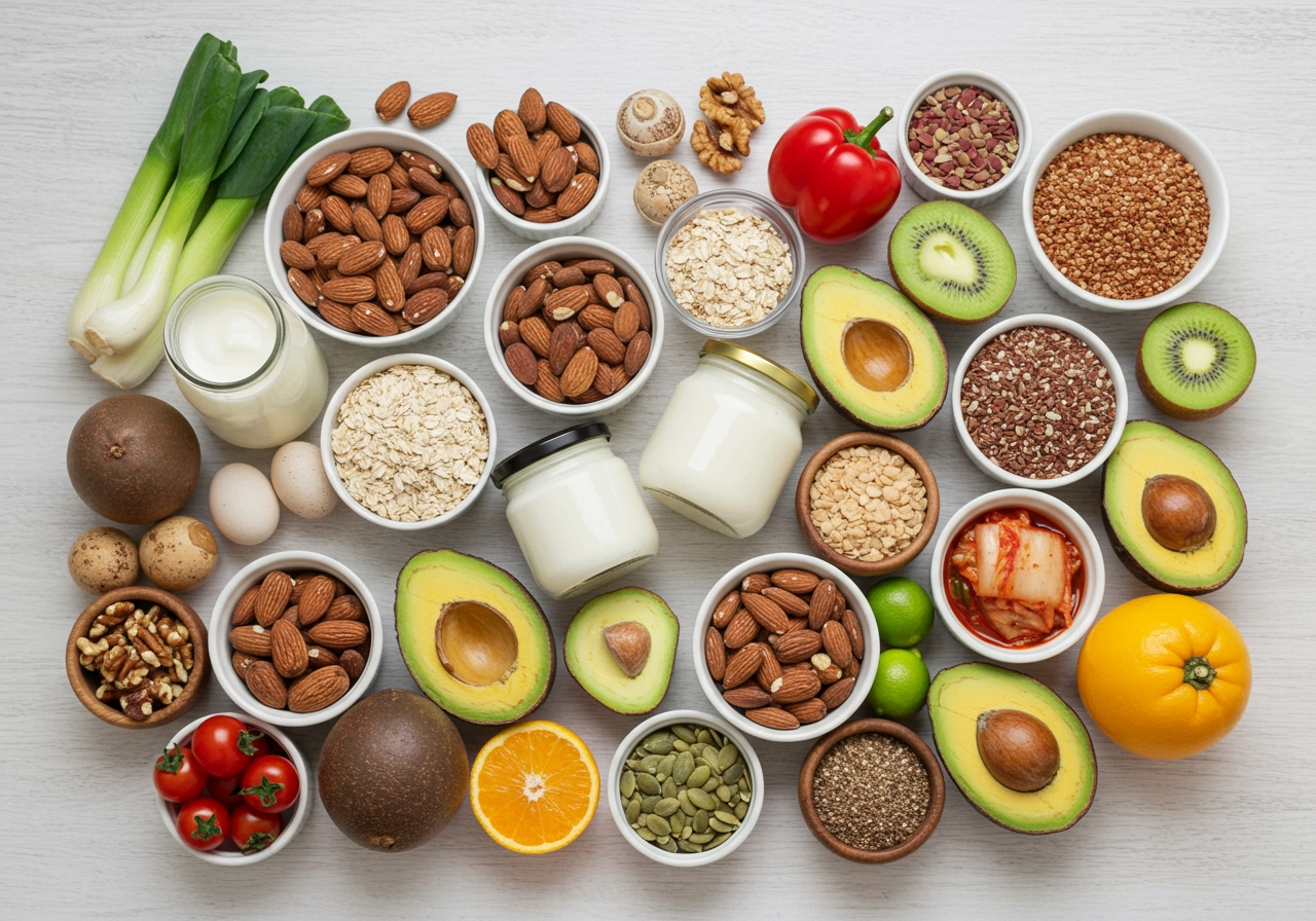 A colorful flat lay image showcasing a variety of gut-friendly foods, including various fruits, vegetables, nuts, seeds, jars of yogurt, kimchi, miso, and maybe some whole grains like oats or brown rice.