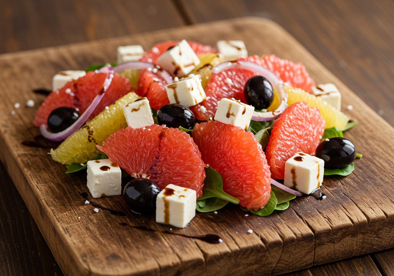 A colorful grapefruit salad with feta cheese, red onion, and black olives, drizzled with a balsamic vinaigrette. The vibrant colors pop against a rustic background.