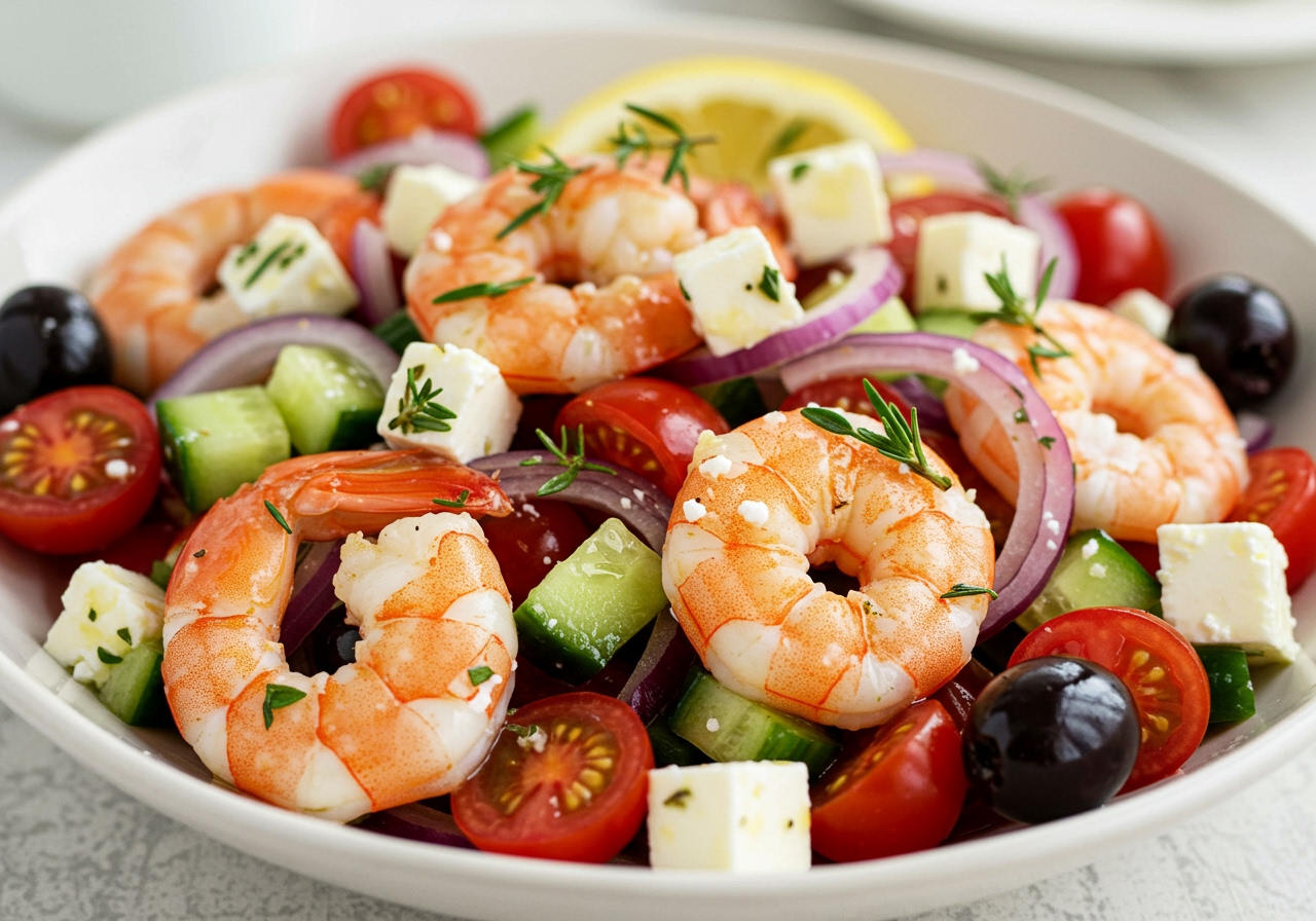A colorful Mediterranean cold shrimp salad with cherry tomatoes, cucumber, red onion, black olives, feta cheese, and shrimp, drizzled with a lemon-herb vinaigrette.