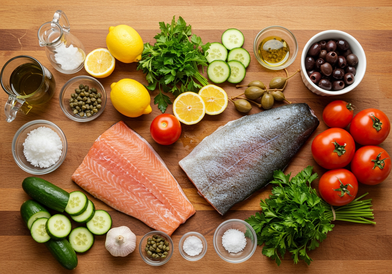 A colorful overhead shot of all the ingredients for Easy Mediterranean Trout laid out attractively on a wooden table.