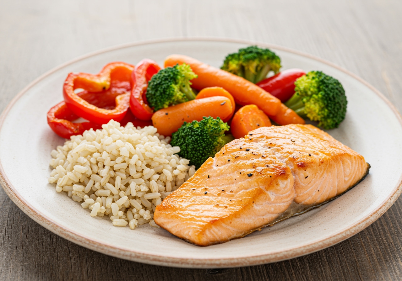 A colorful plate of healthy food suitable for a gout-friendly diet, featuring salmon, roasted vegetables, and brown rice.