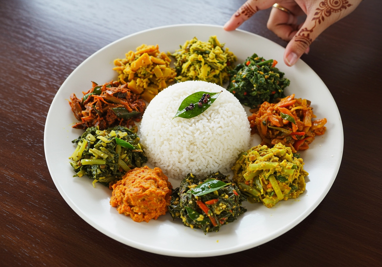 A colorful plate of Sri Lankan rice and curry with different vegetable curries and sambols beautifully arranged. Possibly showing a hand reaching towards the plate.