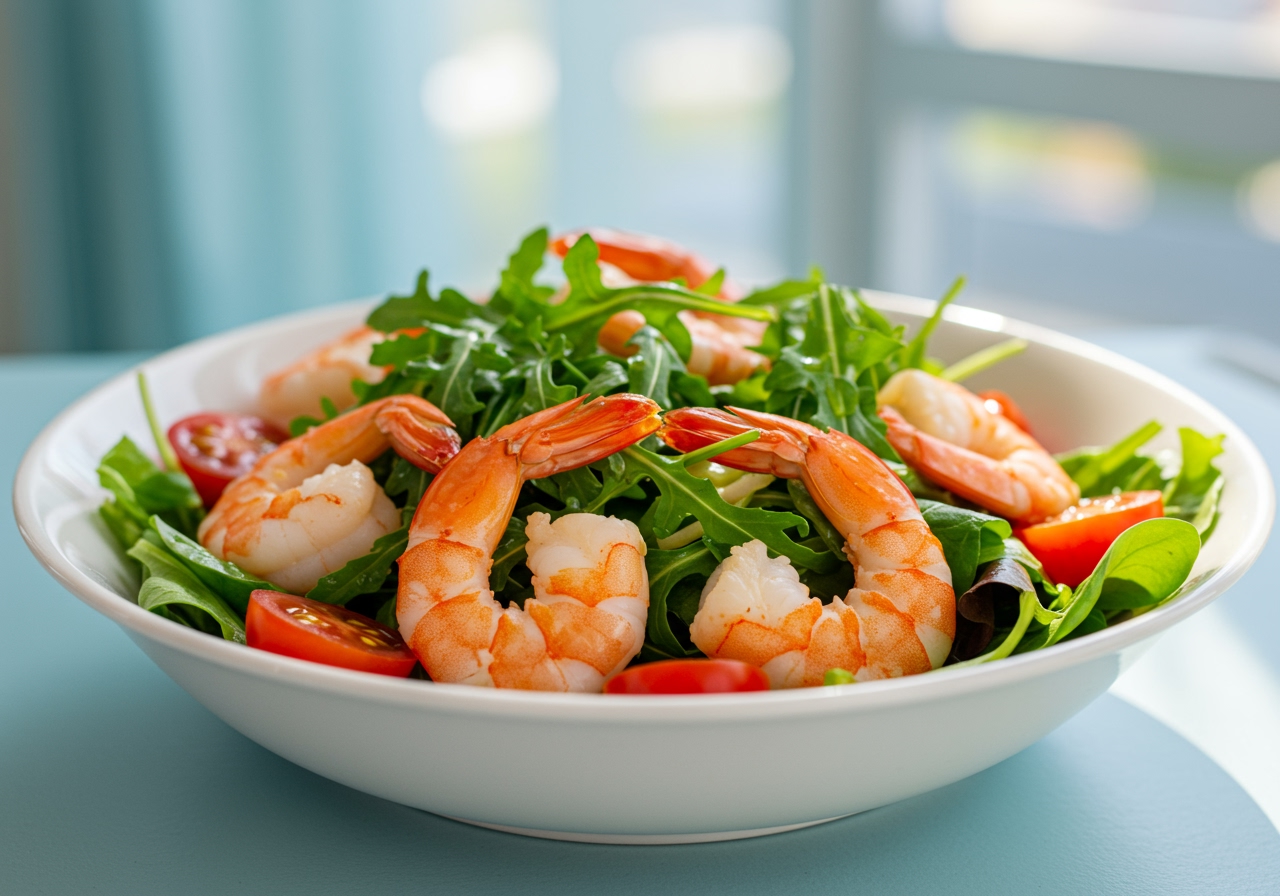A colorful salad featuring boiled shrimp, mixed greens, and cherry tomatoes.