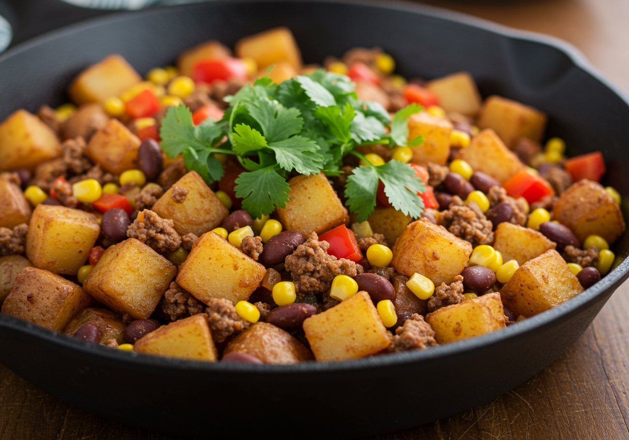 A colorful skillet filled with easy Mexican hash, showing potatoes, beans, corn, ground meat, and peppers, topped with cilantro.