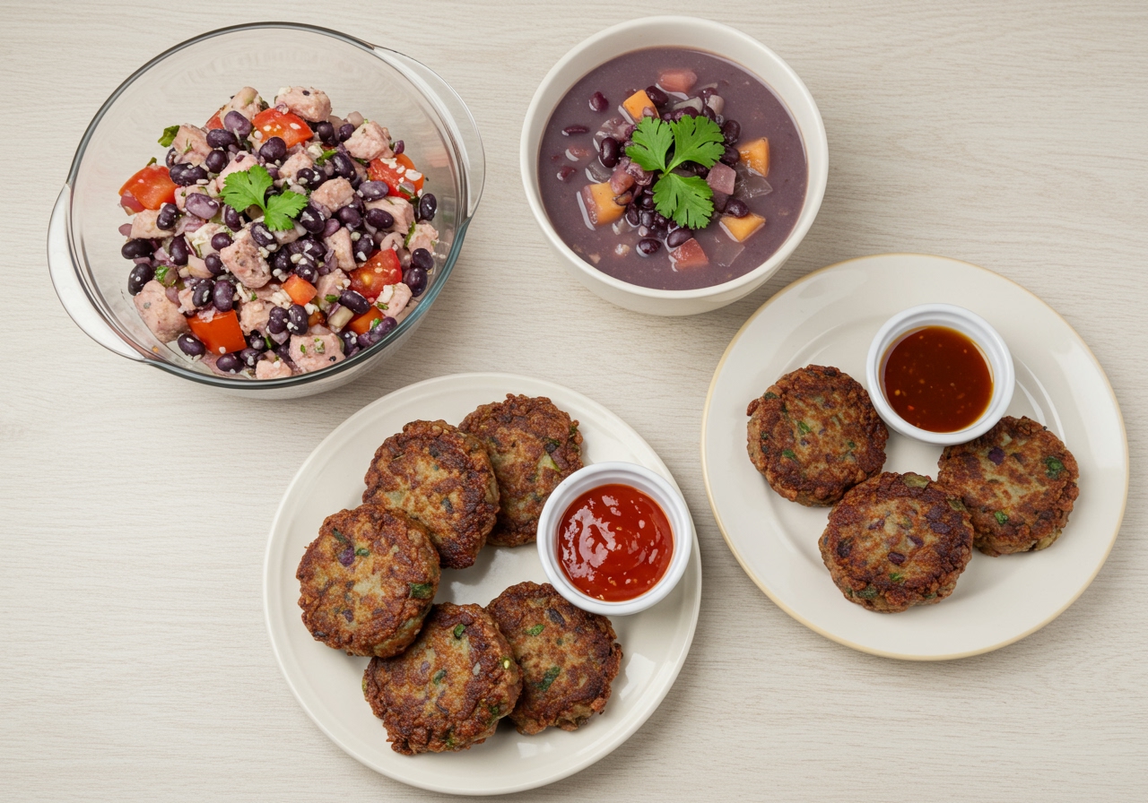 A colorful spread of dishes made with purple hull peas: a vibrant purple hull pea and chicken salad in a glass bowl, a hearty bowl of purple hull pea soup with herbs, and a plate of crispy purple hull pea patties with dipping sauce, all on a light wooden background.