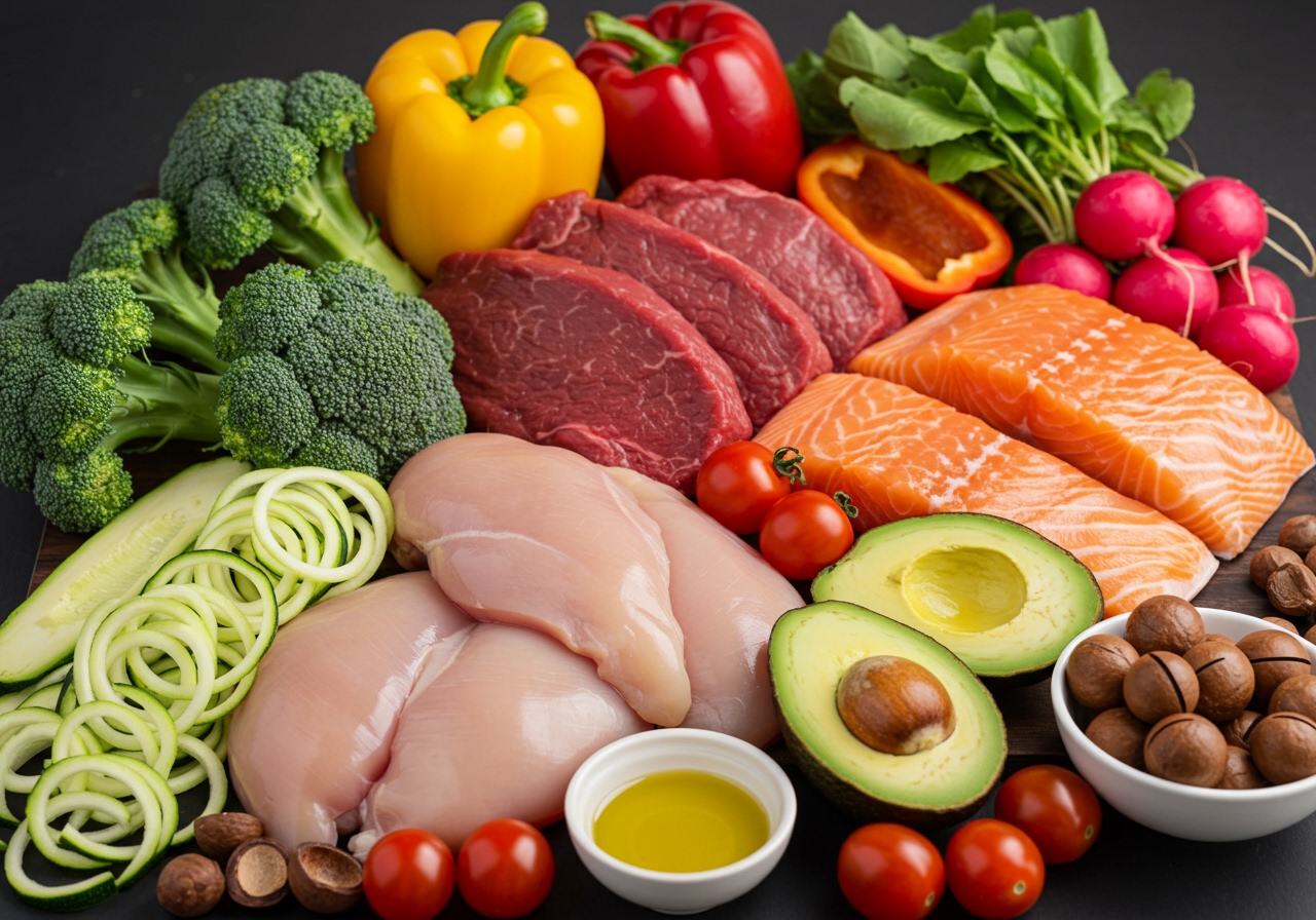 A colorful spread of low-carb ingredients like various vegetables, lean meats, fish, and healthy fats.