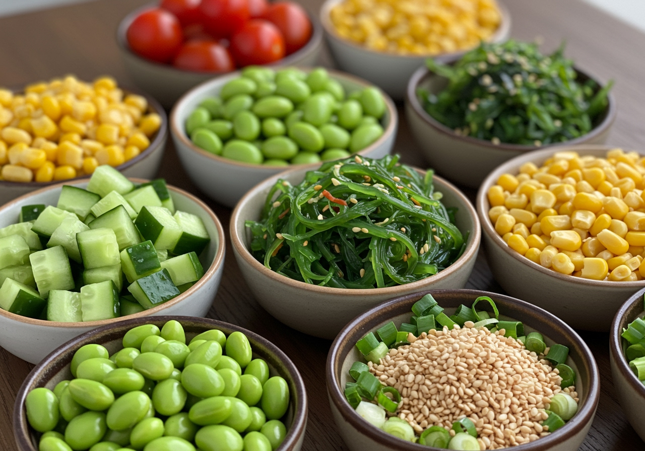 A colorful spread of potential poke bowl toppings laid out aesthetically: diced cucumbers, cherry tomatoes, edamame, corn, seaweed salad, green onions, and sesame seeds.