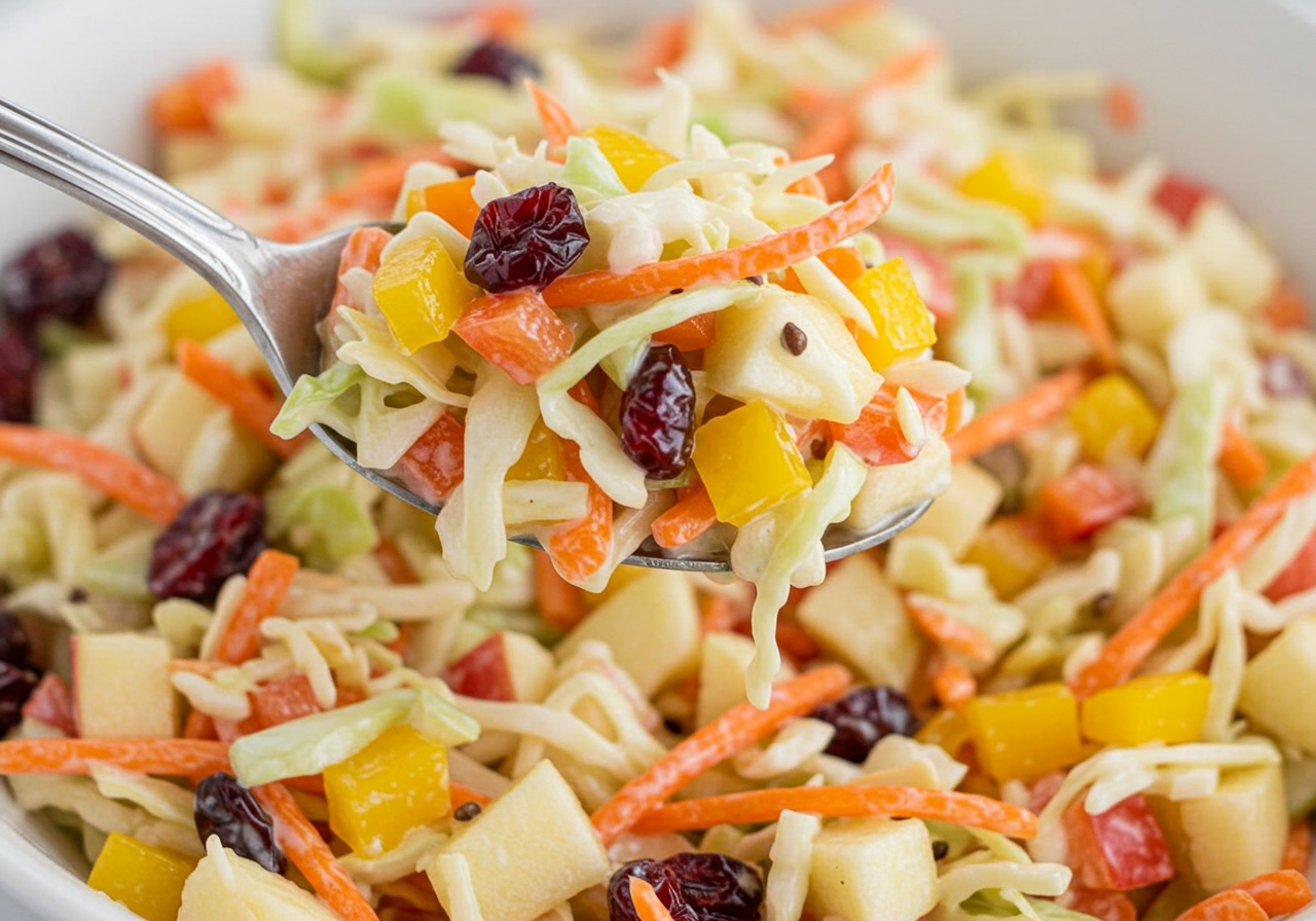 A colorful variation of Healthy Cindy's Coleslaw with added ingredients like diced bell peppers, apple matchsticks, and dried cranberries.