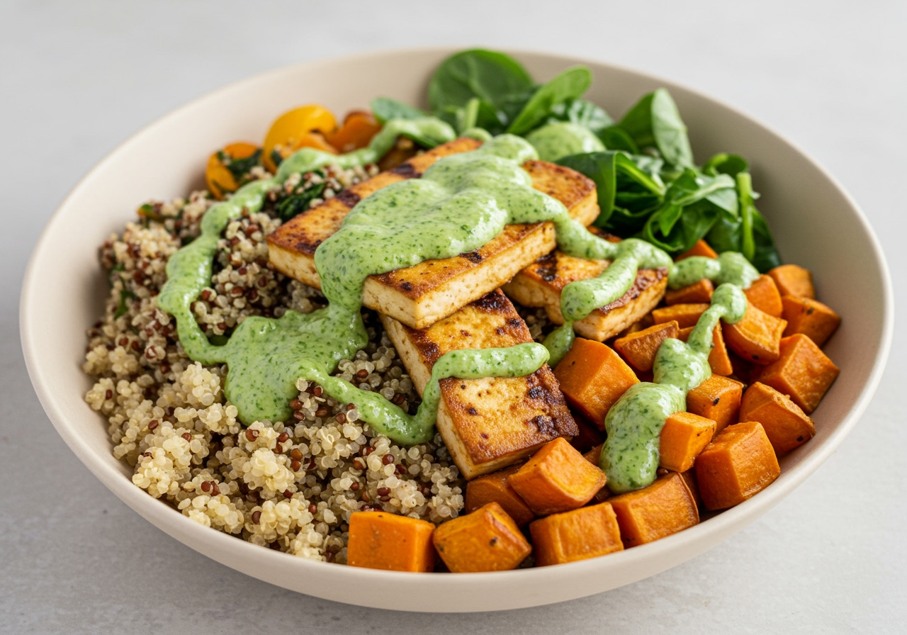 A colorful vegan grain bowl topped with grilled tofu, roasted vegetables, leafy greens, and generously drizzled with green goddess dressing.