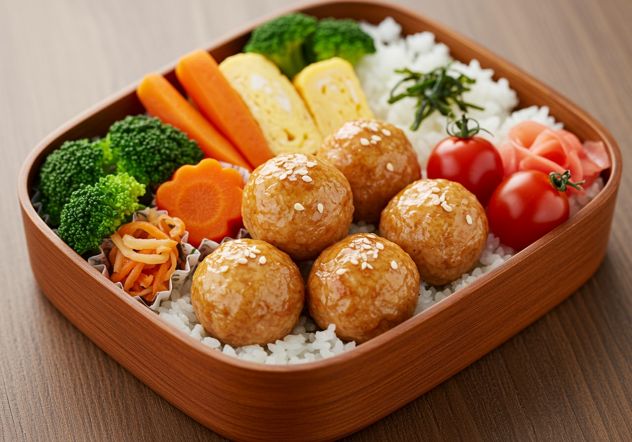 A colourful and balanced bento box featuring healthy ham balls as the main protein, alongside rice, vegetables, and other sides.