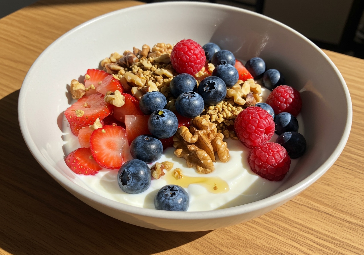 A colourful breakfast bowl featuring Greek yogurt, mixed berries, a sprinkle of nuts, and a drizzle of honey.