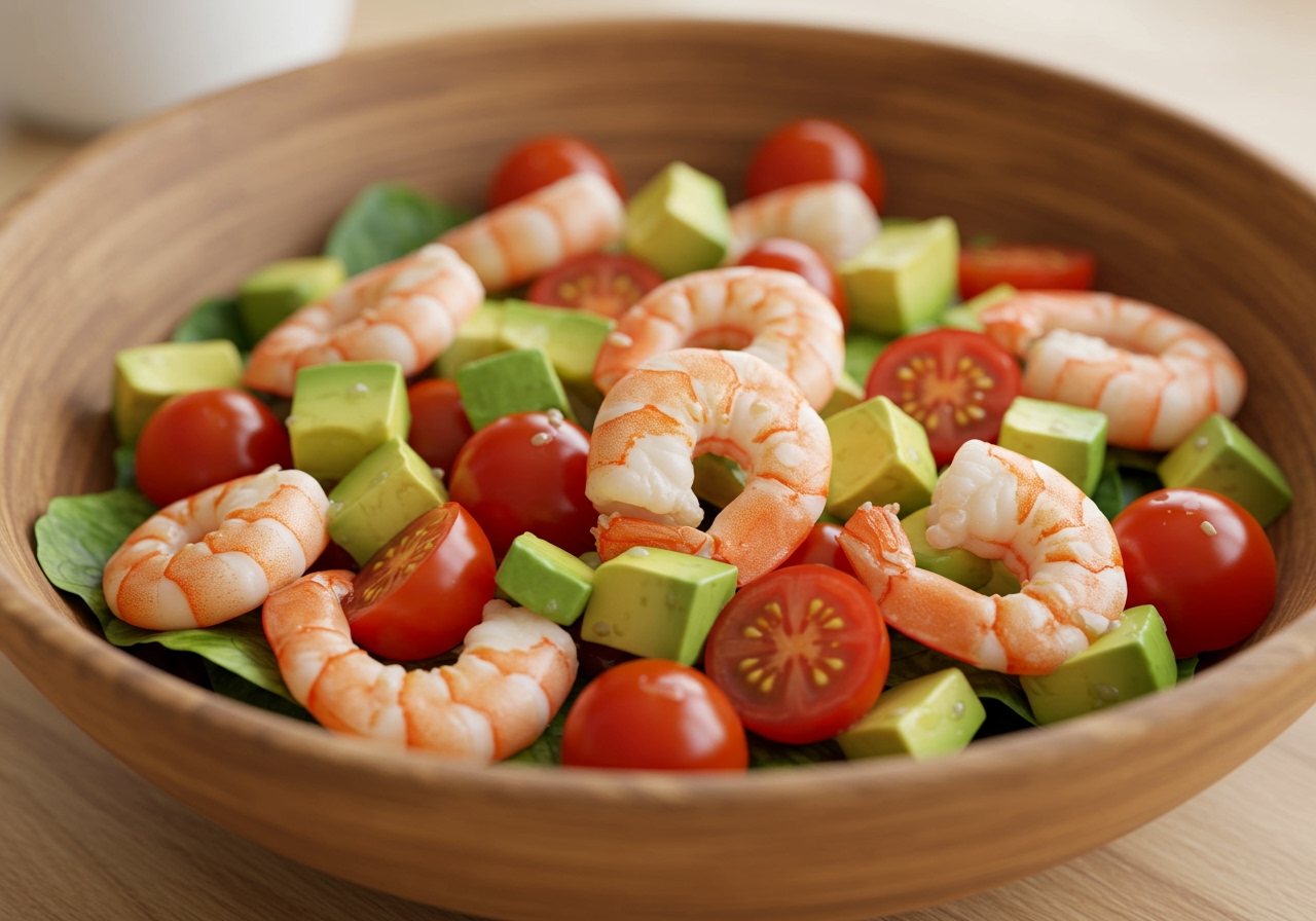 A colourful cold salad of shrimp, avocado, and cherry tomatoes marinated in lemon dressing.
