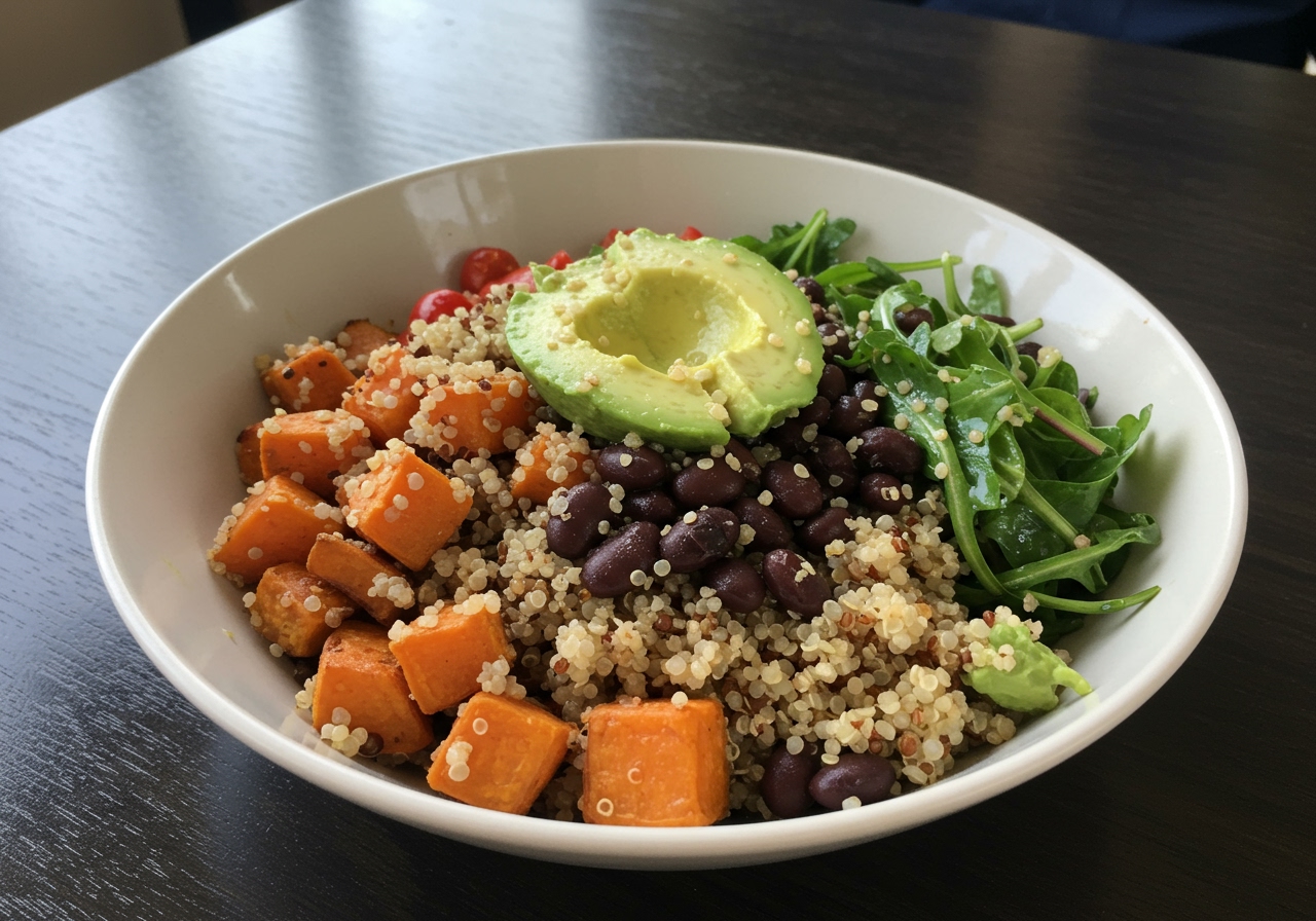 A colourful grain bowl filled with quinoa, roasted sweet potatoes, black beans, avocado, and leafy greens, looking nutritious and appealing.