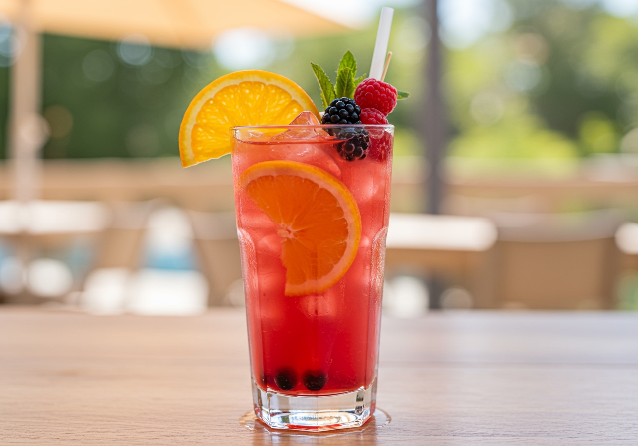A colourful non-alcoholic tropical punch mocktail in a tall glass, filled with ice and garnished with orange slices and berries, on a bright outdoor background.