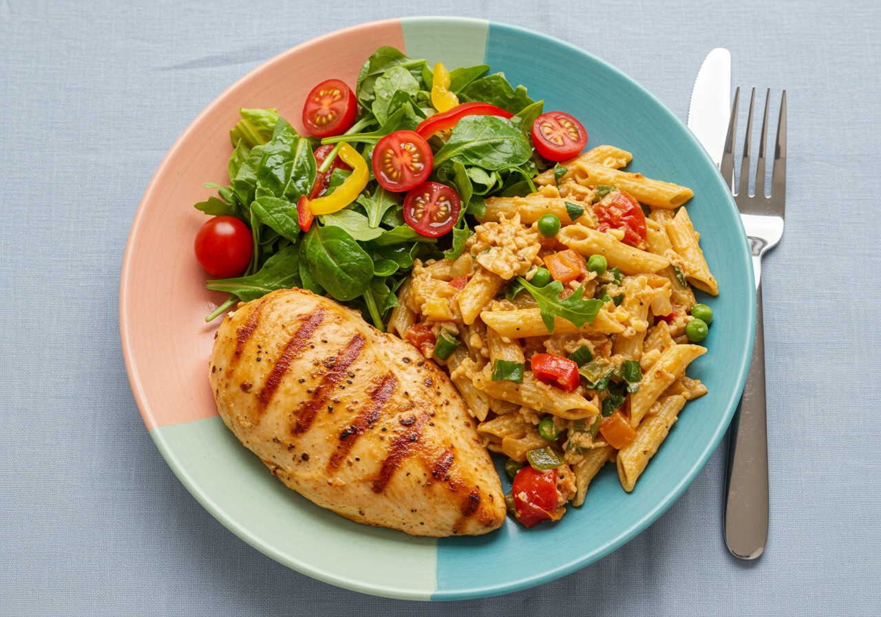 A colourful plate featuring low-carb pasta with a generous portion of grilled chicken breast and a side salad.