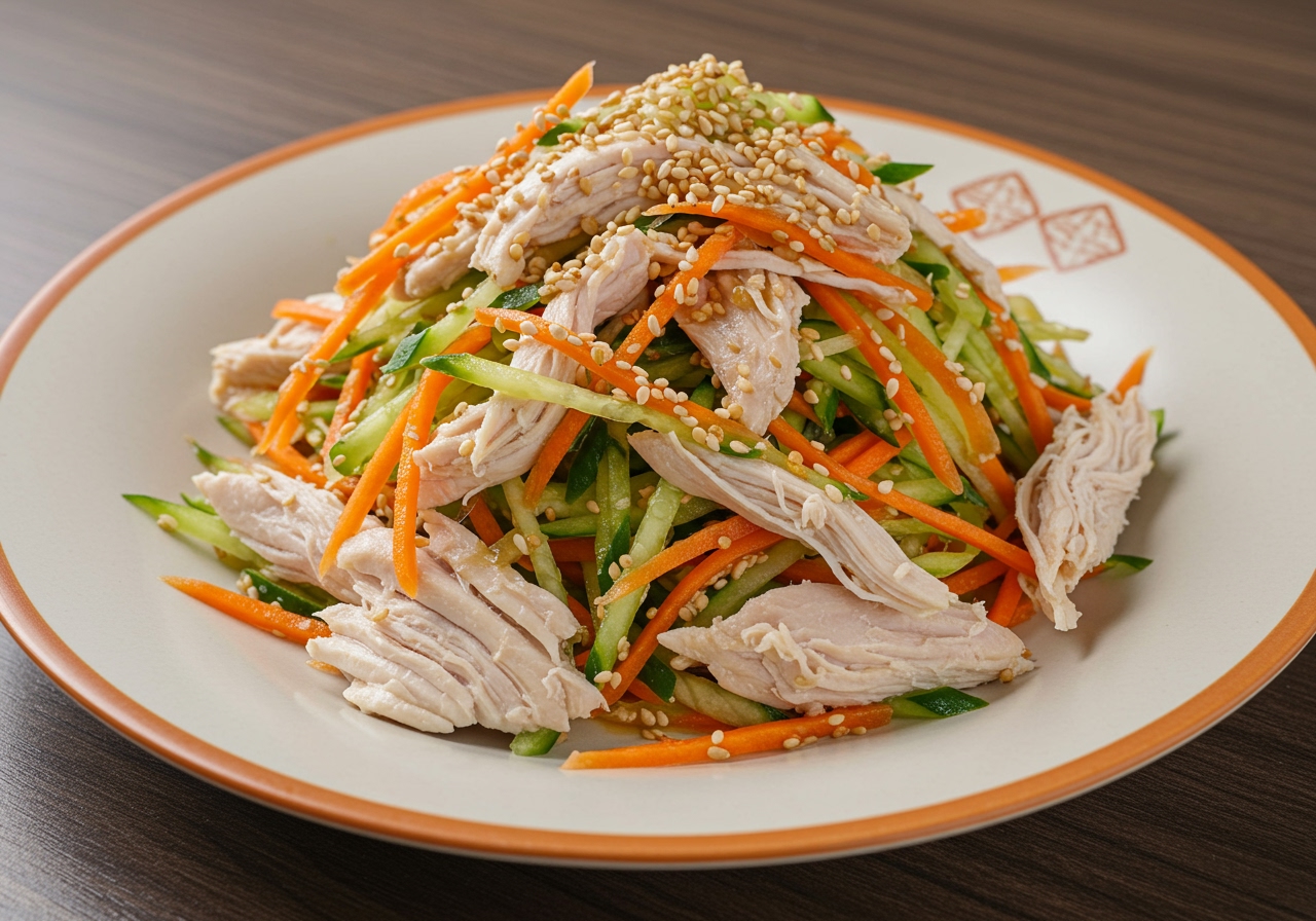 A colourful plate of Chinese shredded chicken cold salad (Liangban Jisi) with shredded cucumber and carrot, topped with sesame seeds and drizzled with dressing.