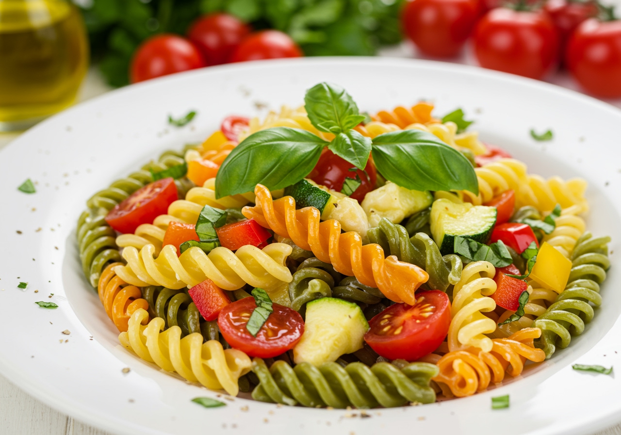 A colourful plate of cold pasta with fresh vegetables, basil, and a light sauce, looking refreshing and healthy.