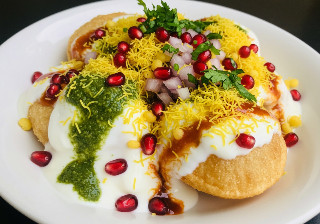 A colourful plate of Dahi Puri or Papdi Chaat, showing the yogurt, chutneys, and toppings over the puris/papdis.