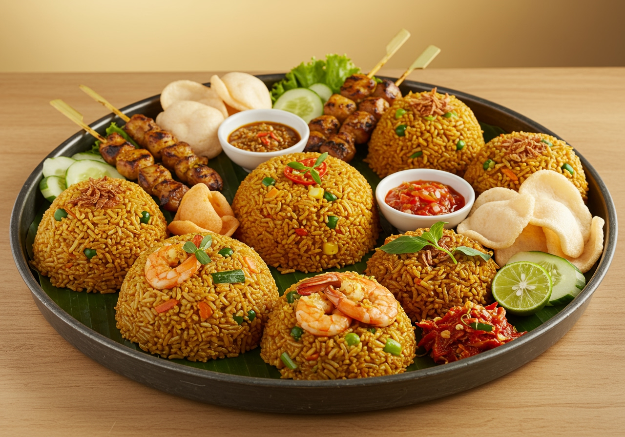 A colourful platter of various Nasi Goreng arrangements and side dishes, including satay and acar.