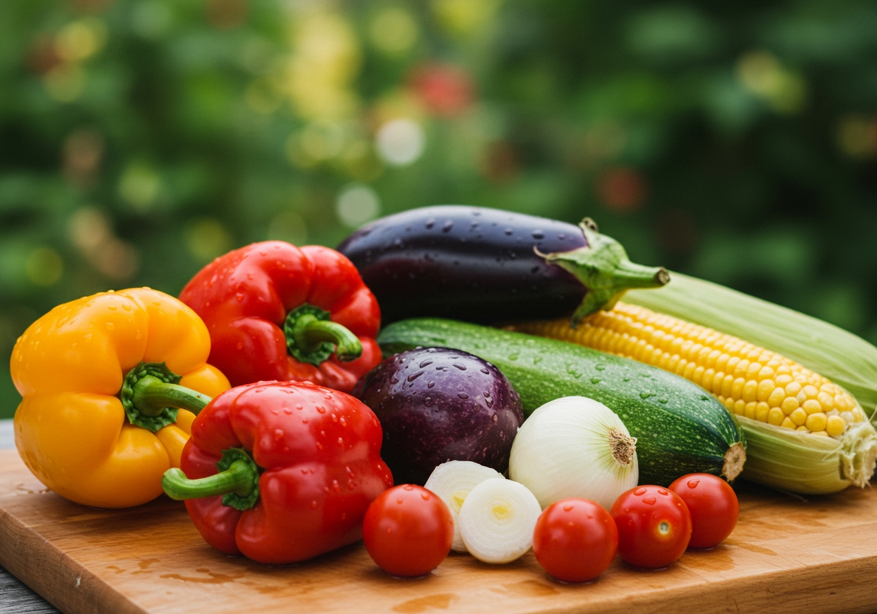 A colourful selection of fresh summer vegetables laid out on a cutting board, ready for grilling - include bell peppers, zucchini, eggplant, corn on the cob, cherry tomatoes, and onions.