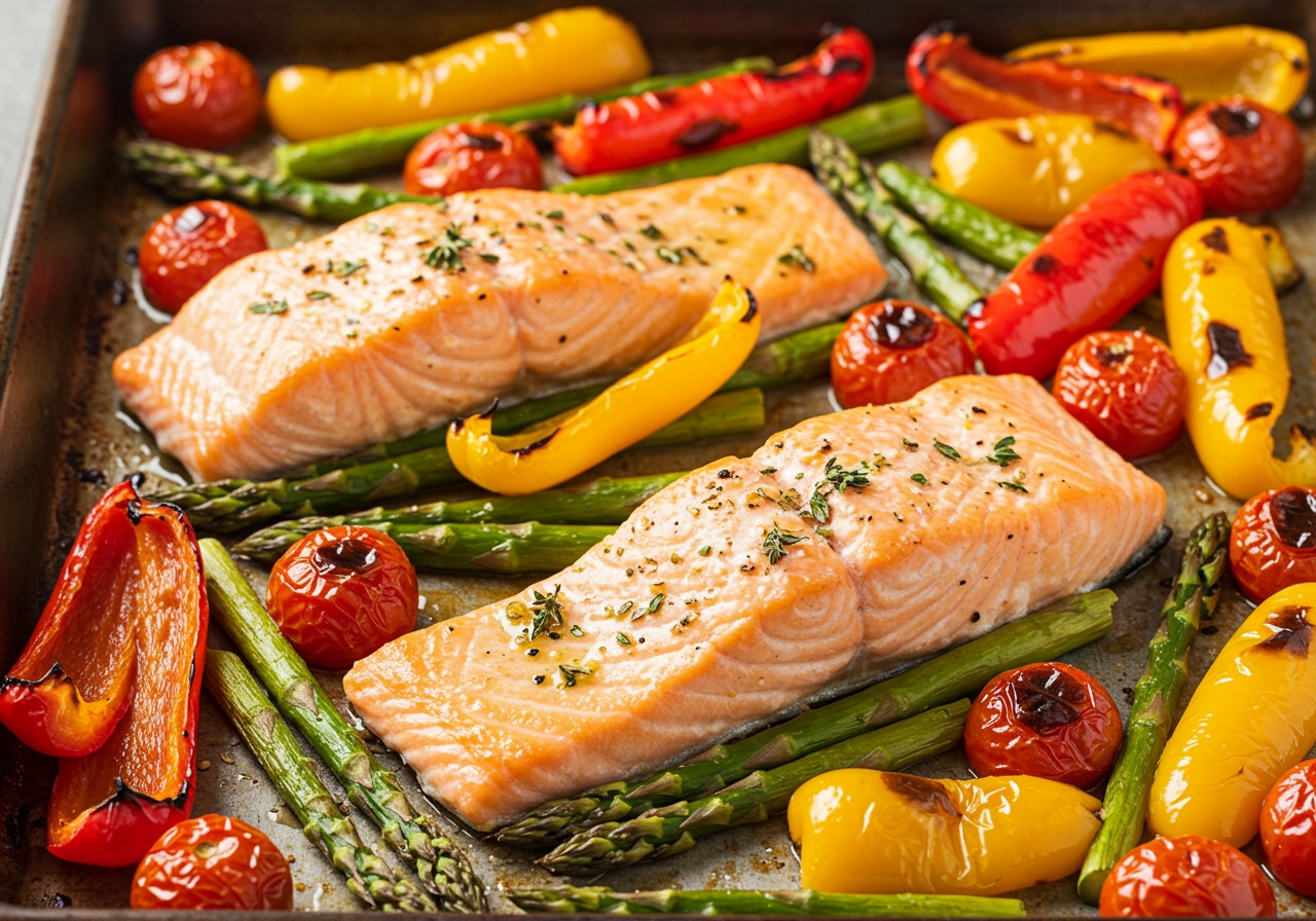 A colourful sheet pan meal with salmon fillets and a variety of roasted vegetables like asparagus, cherry tomatoes, and bell peppers.