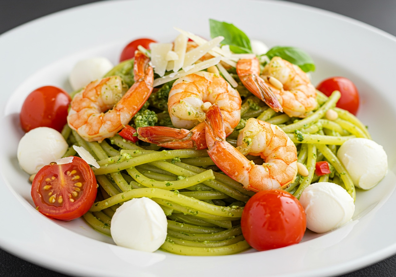 A colourful variation of the cold lemon pesto pasta, perhaps with added cherry tomatoes, mozzarella balls, and grilled shrimp.
