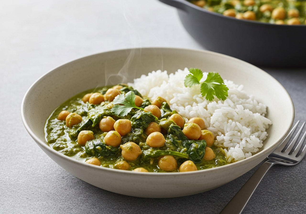 A comforting bowl of chickpea and spinach coconut curry, garnished with fresh cilantro, served with a side of fluffy white rice. The steam rises gently from the bowl.
