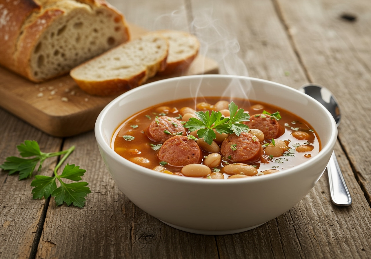 A comforting bowl of Italian sausage and bean soup, garnished with fresh herbs, steam rising, on a rustic wooden table with crusty bread nearby.