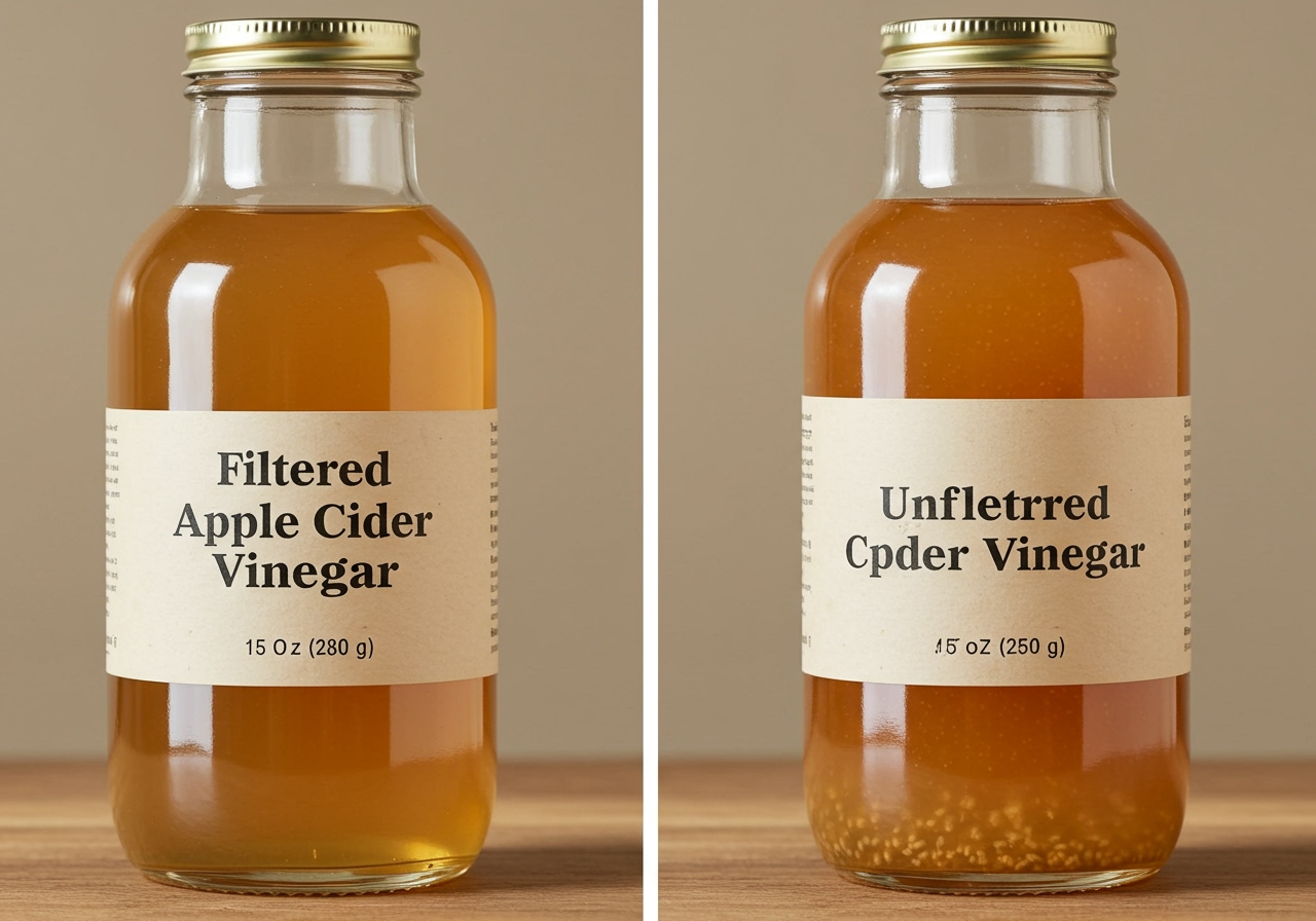 A comparison image showing clear filtered apple cider vinegar vs cloudy unfiltered apple cider vinegar with 'mother'