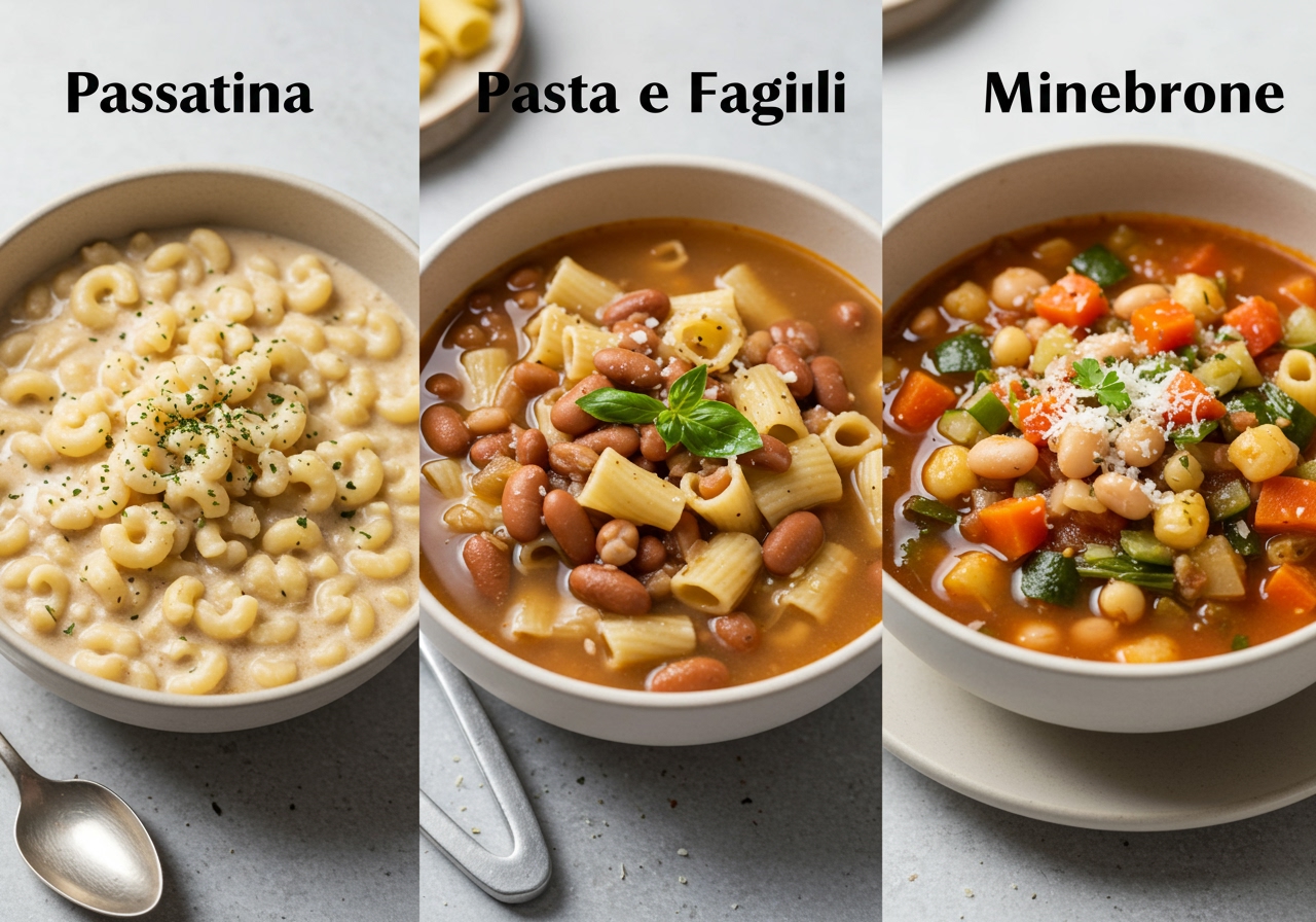 A comparison image showing three bowls side-by-side: 1) A thick, creamy Passatina with small pasta, 2) A traditional Pasta e Fagioli with whole beans and pasta in a thinner broth, 3) A hearty Minestrone with various chopped vegetables, beans, and pasta.