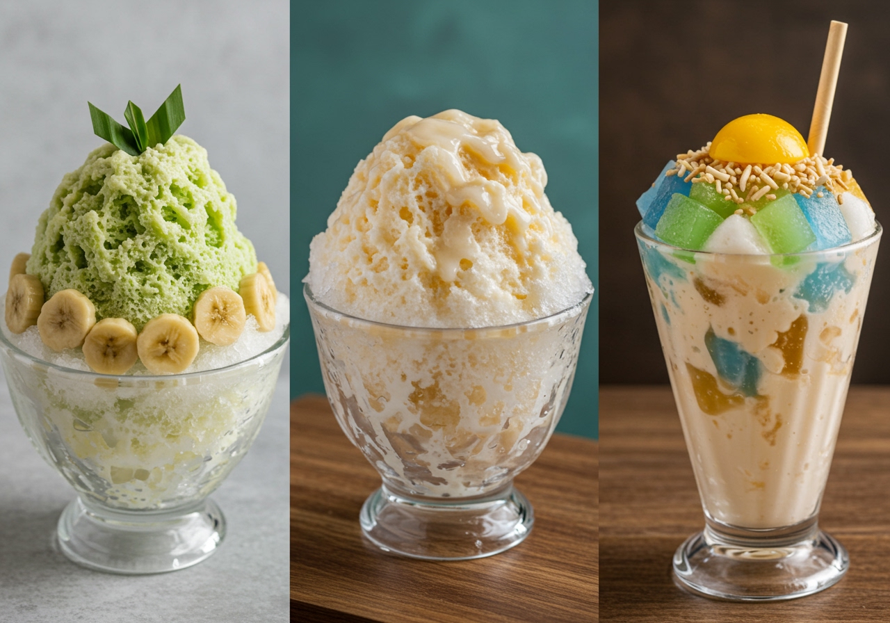 A comparison image showing three different Southeast Asian shaved ice desserts side-by-side: Indonesian Es Campur, Malaysian Ais Kacang, and Filipino Halo-halo, highlighting their visual similarities and differences.