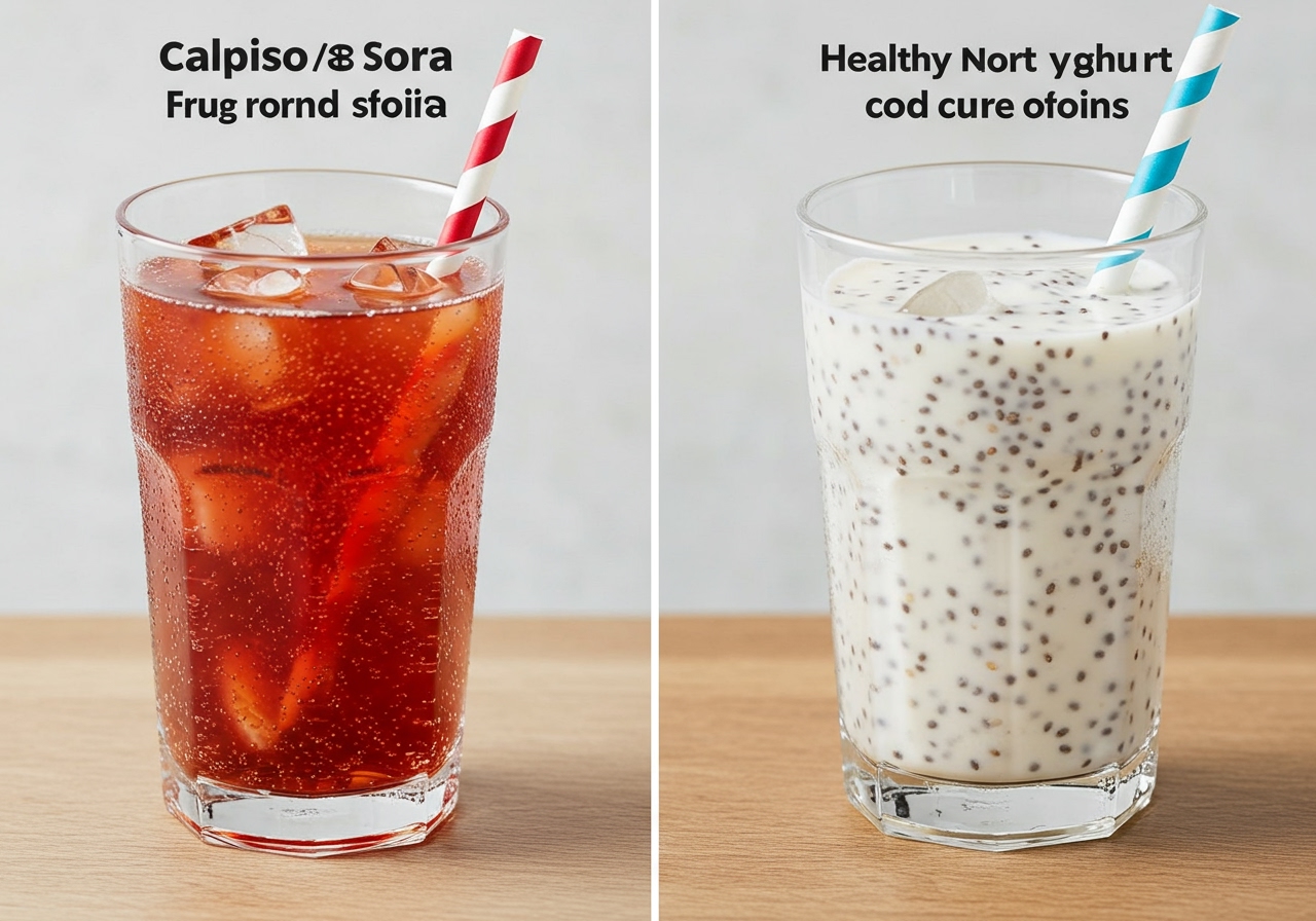 A comparison photo showing two glasses: one with a standard Calpis drink, the other with a more 'health-conscious' version like a Calpis soda with extra fruit and less Calpis, or a Calpis yogurt drink with added chia seeds. Visually represent healthy options.