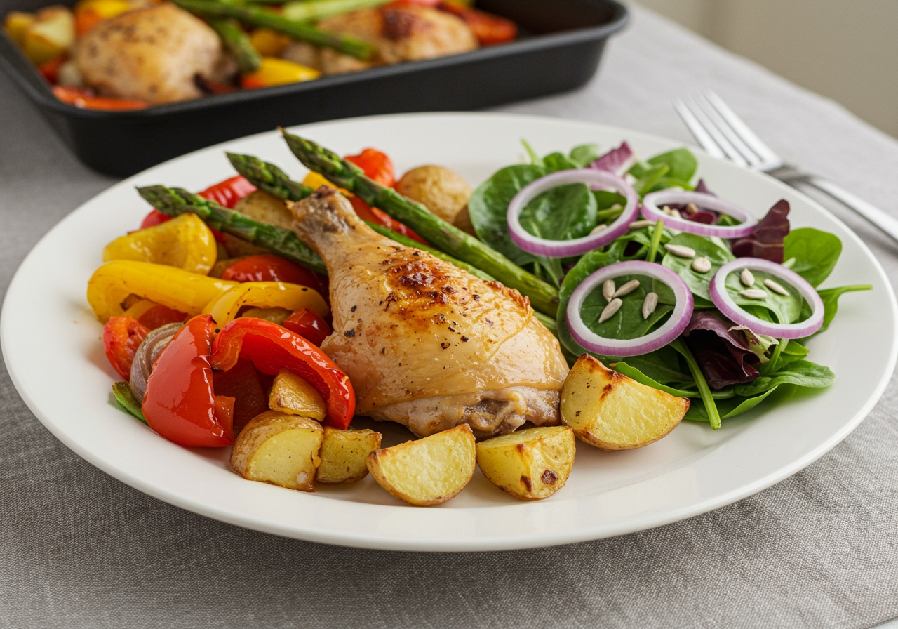 A complete dinner plate featuring a portion of the roasted chicken and vegetables from the oven pan, served alongside a simple green salad.
