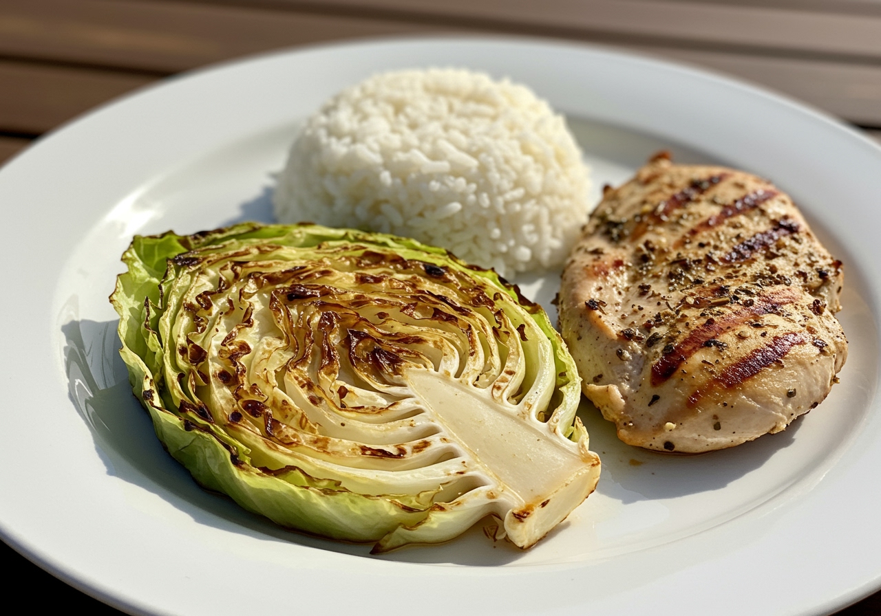 A complete meal plate featuring grilled cabbage steak as the main, with a side of rice and grilled chicken