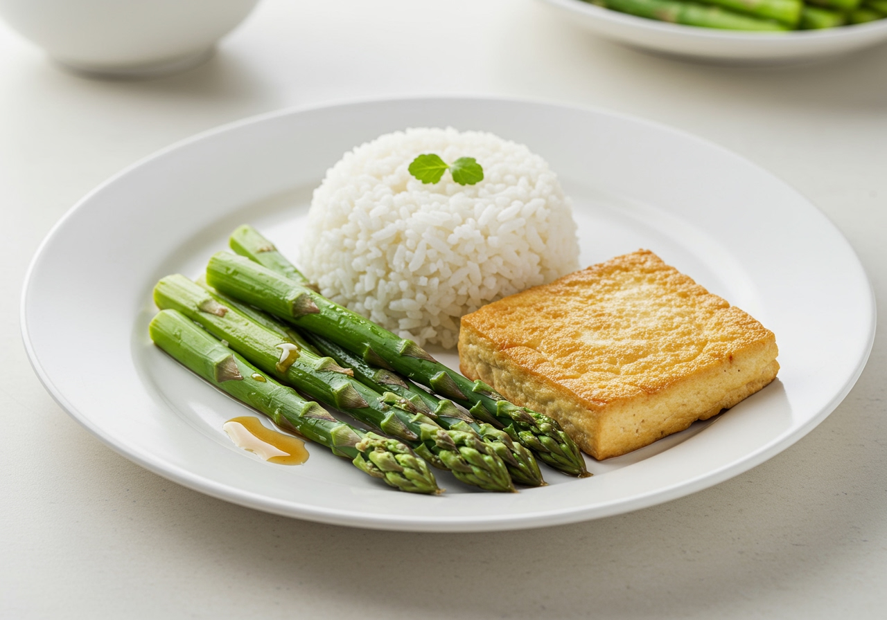 A complete meal plate featuring the asparagus dish alongside rice and perhaps a piece of grilled protein or tofu