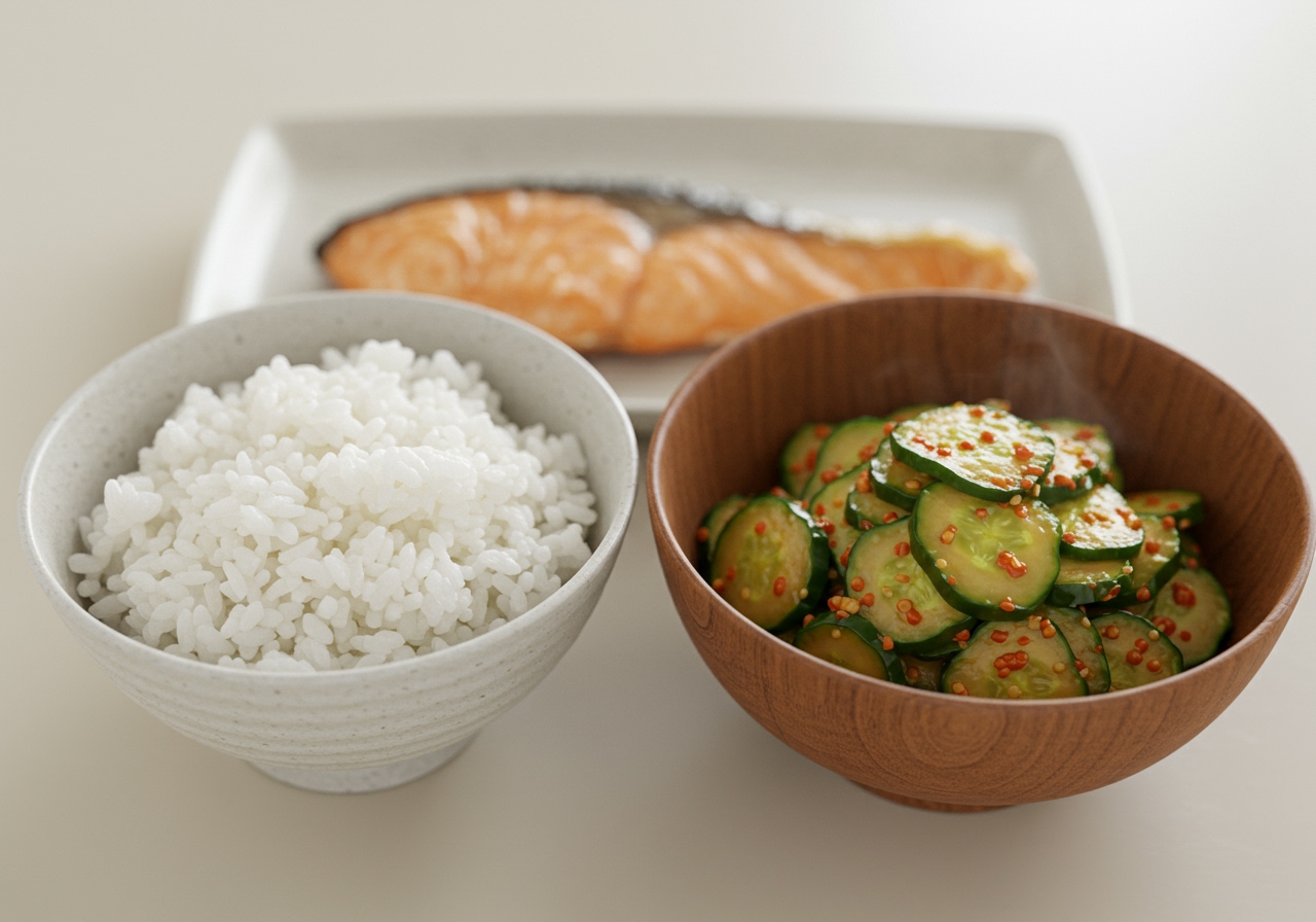 A complete meal scene featuring tataki kyuri pirikara ae as a side dish next to rice and a main dish