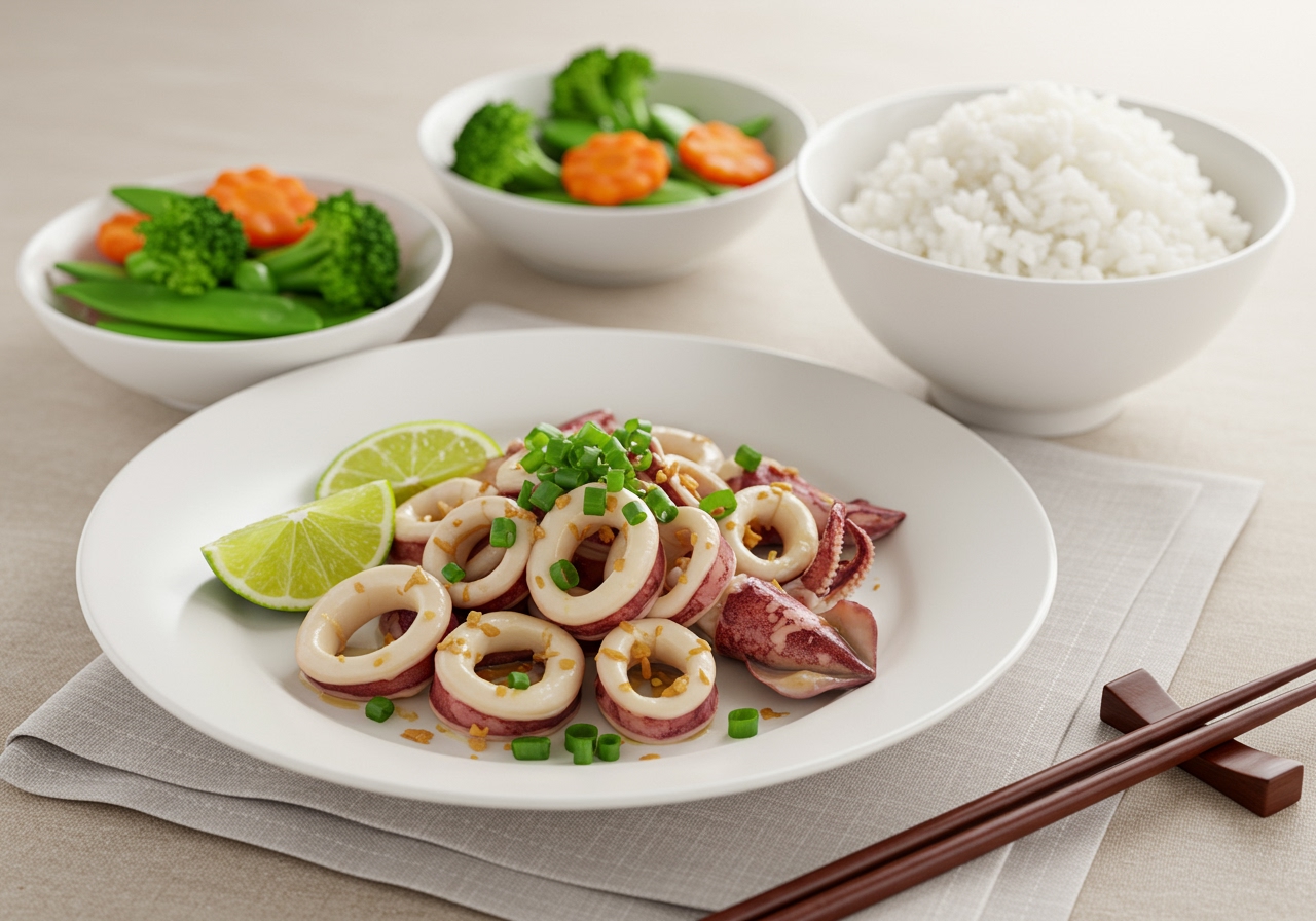 A complete meal setting featuring ginger-steamed squid, a bowl of rice, and a simple vegetable side dish.