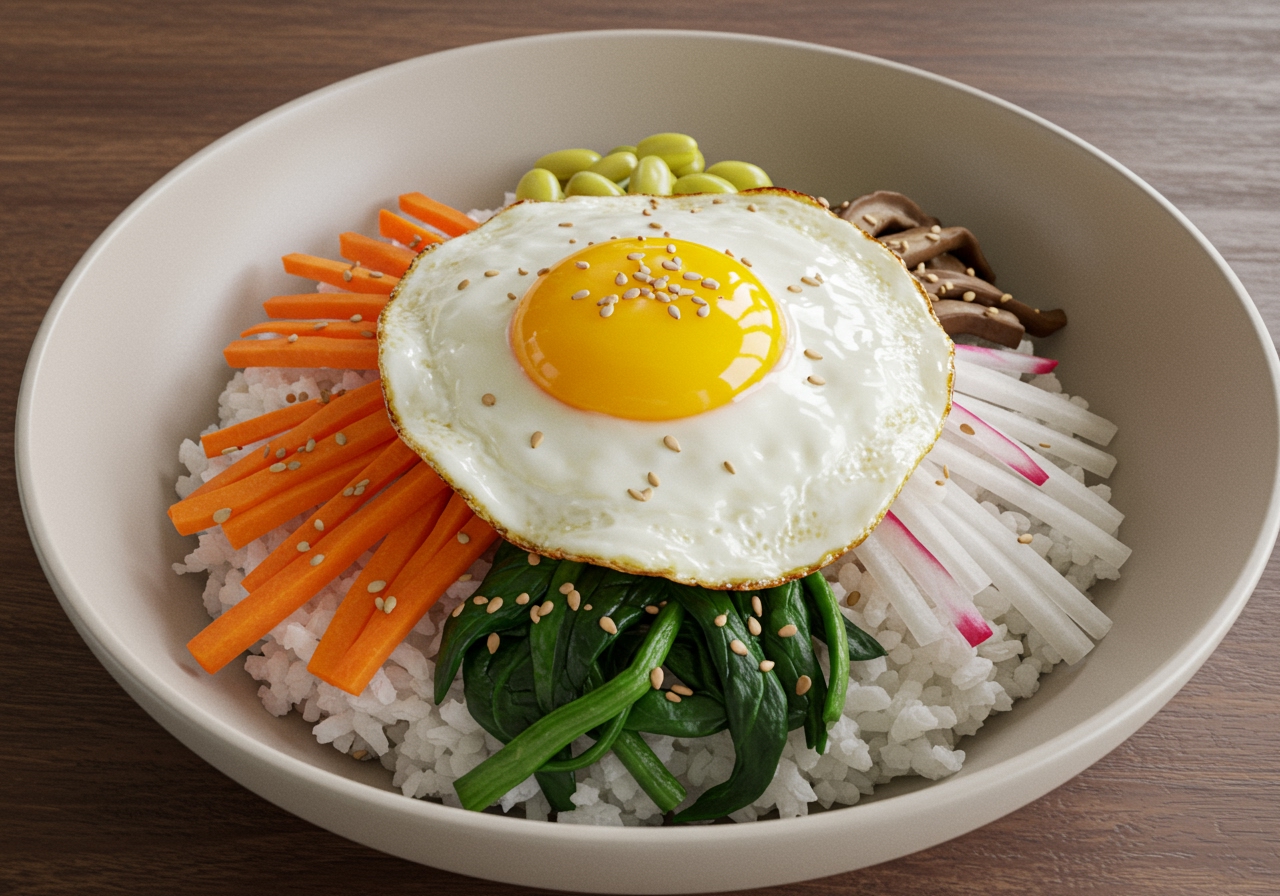 A completed bibimbap bowl, beautifully arranged with colorful ingredients laid out neatly over rice, topped with a perfect sunny-side-up egg, ready to be mixed.