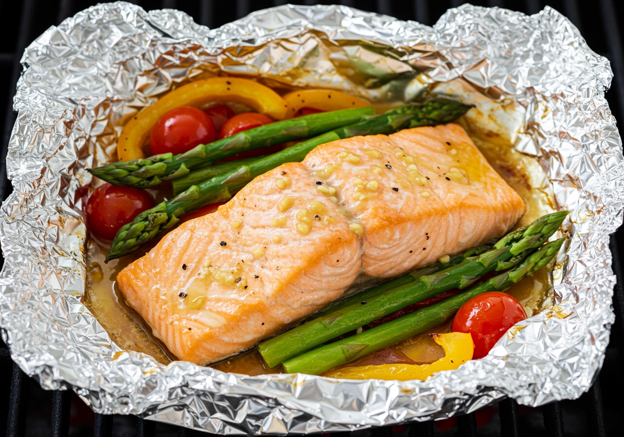 A completed salmon foil-grill dish, still inside the opened aluminum foil pouch, showing the cooked salmon, tender vegetables, and melted miso butter sauce.
