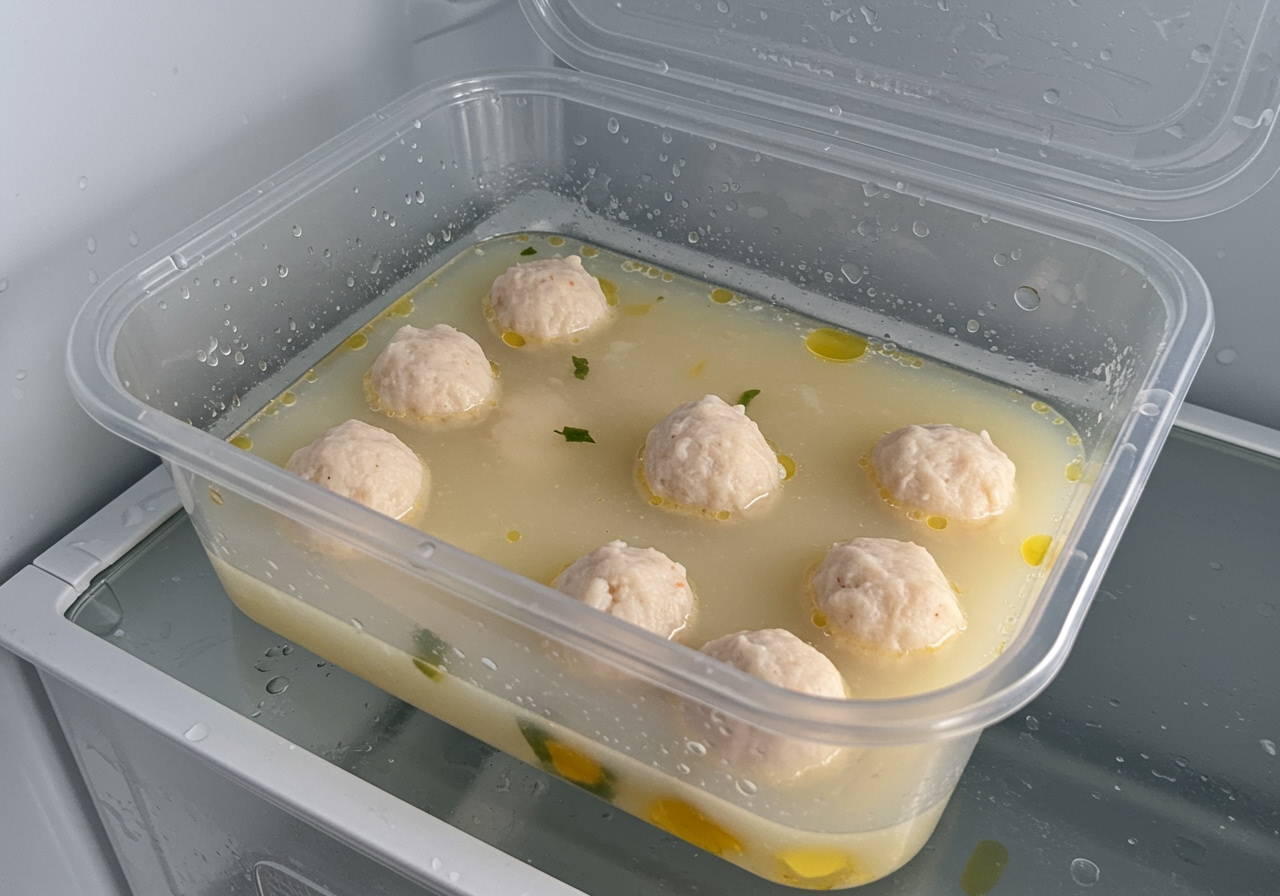 A container of leftover shrimp ball soup stored in the refrigerator, ready to be reheated.
