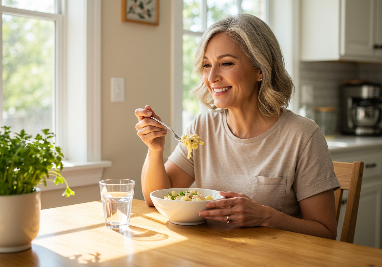 A contented person enjoying a bowl of healthy creamy chicken pasta at a sunlit kitchen table, with a relaxed and happy expression.