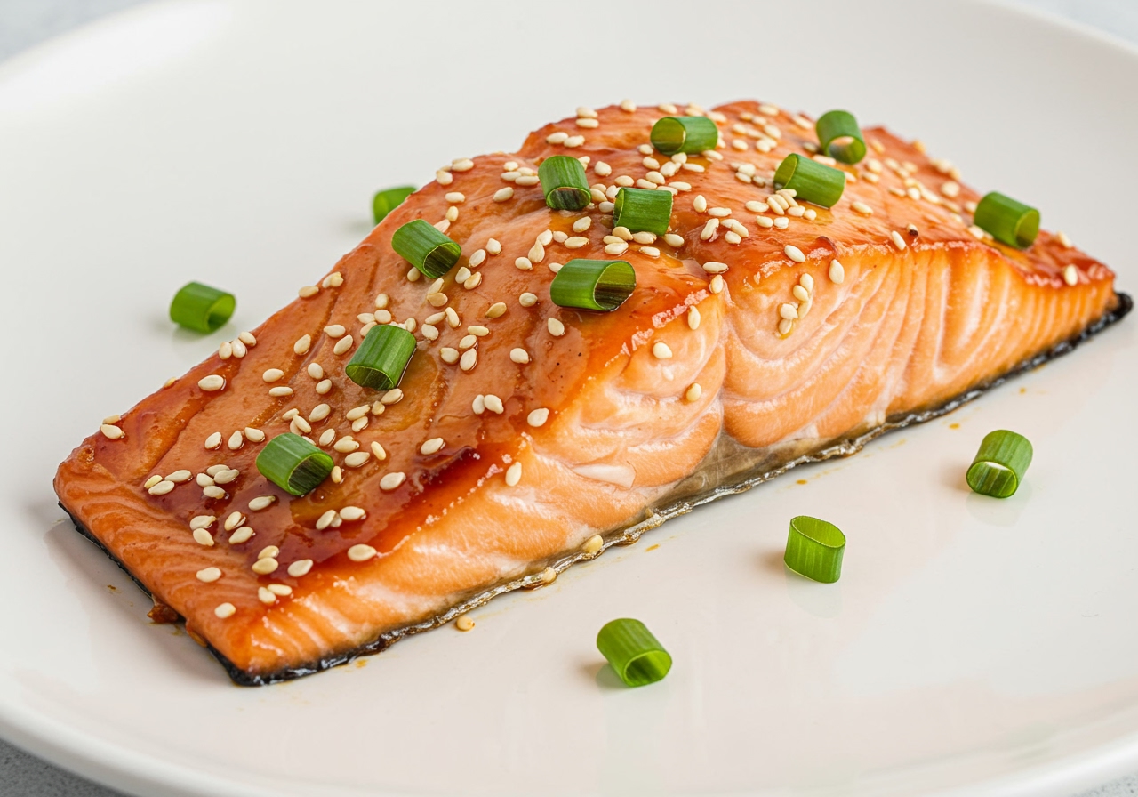 A cooked fillet of air fryer teriyaki-style salmon on a white plate, garnished with sesame seeds and chopped green onions.