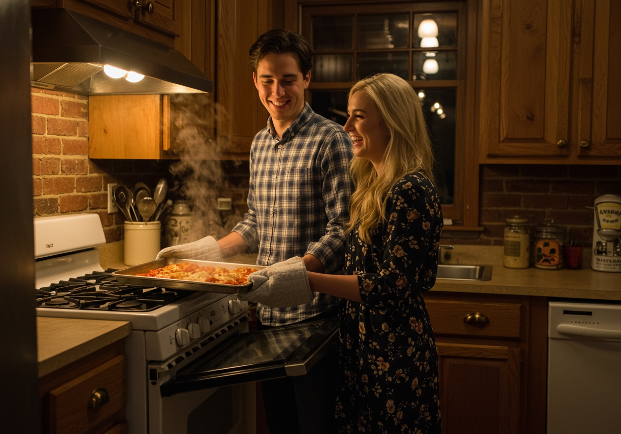 A couple smiling as they take a sheet pan meal out of the oven in a cozy kitchen setting.