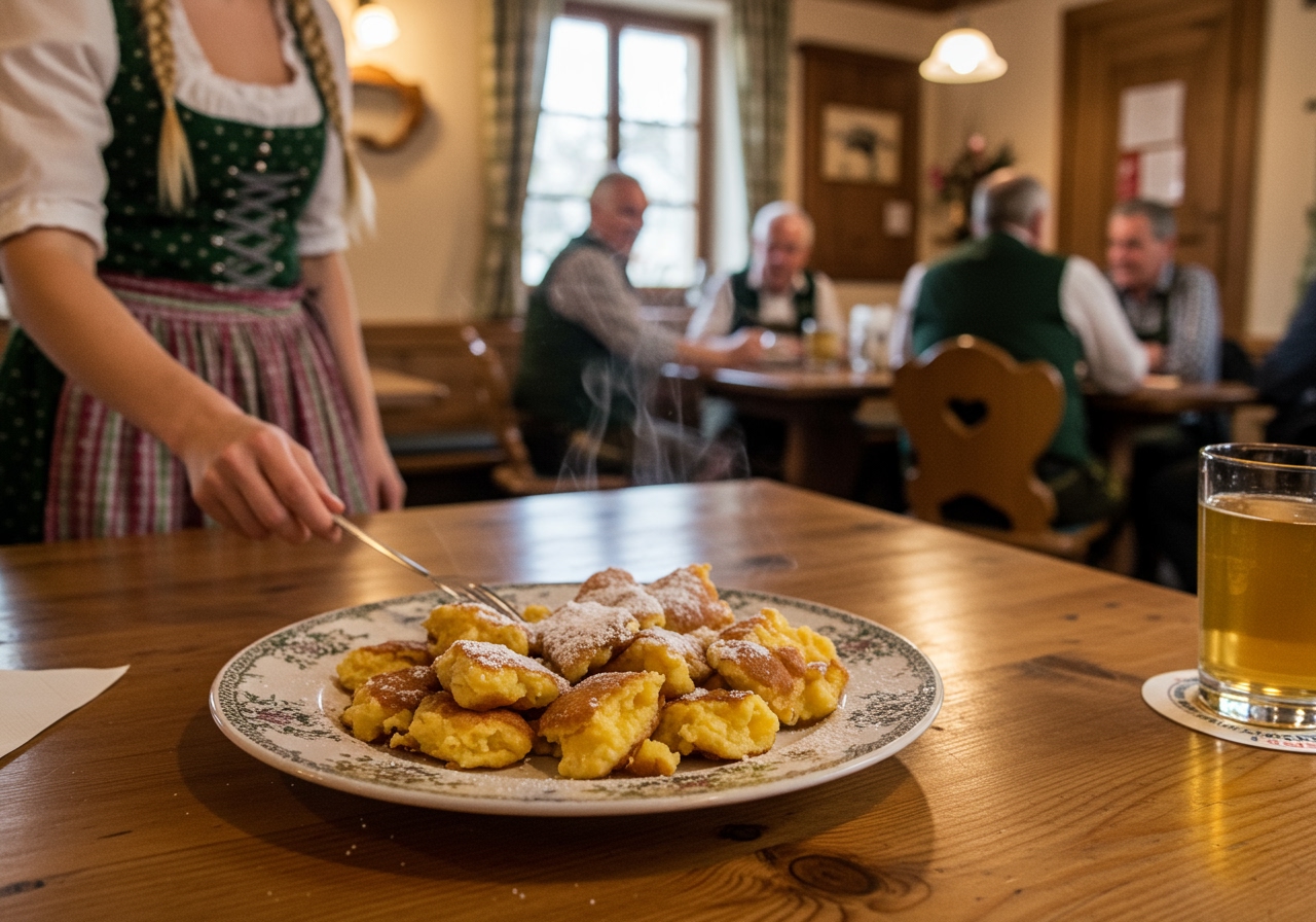 A cozy Austrian cafe scene with a plate of Kaiserschmarrn on a wooden table, steam gently rising, in a rustic setting.