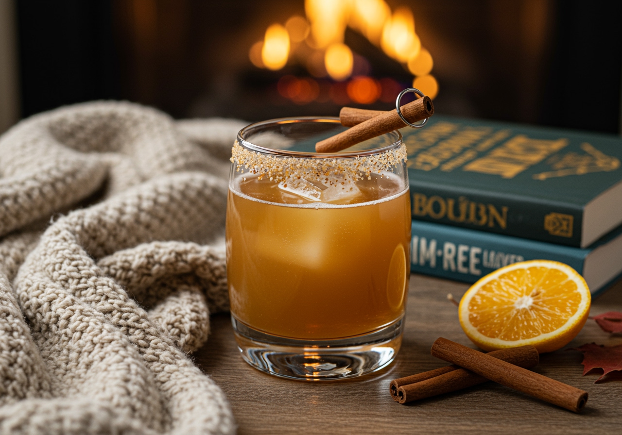 A cozy autumn scene with a lit fireplace, a soft blanket, a good book, and a perfectly garnished glass of Healthy Bourbon Cider Sour, emphasizing comfort, relaxation, and mindful enjoyment.