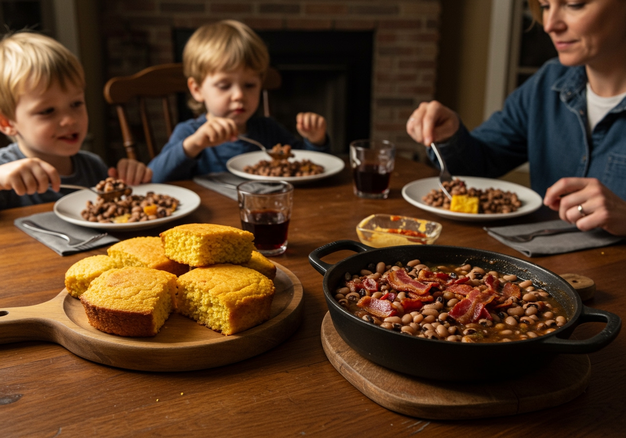 A cozy dinner scene with a family enjoying a hearty meal of black-eyed peas and bacon, possibly with cornbread on the side.