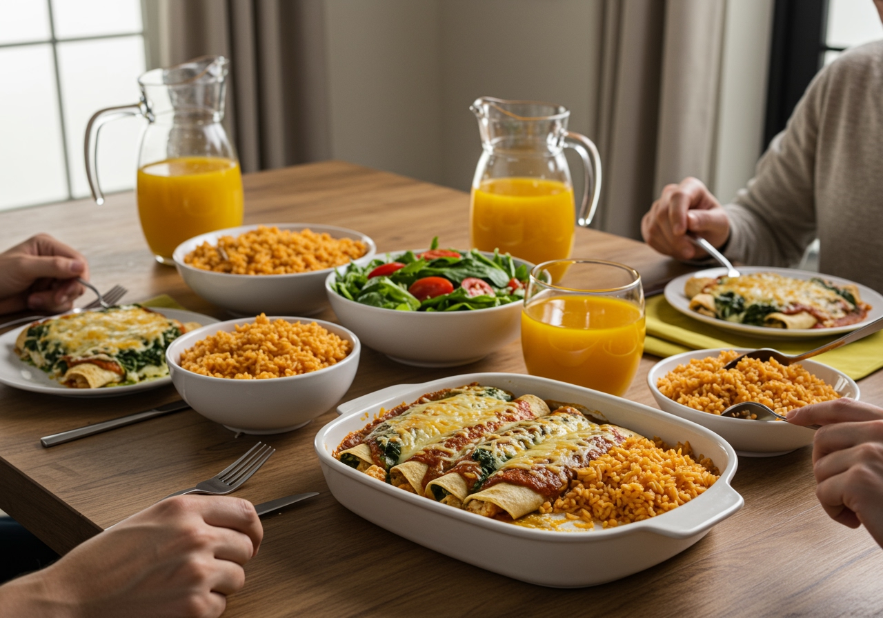 A cozy dinner scene with a family enjoying spinach and chicken enchiladas. The table is set with side dishes like Mexican rice, a fresh green salad, and pitchers of water and juice, in a warm, inviting dining room.