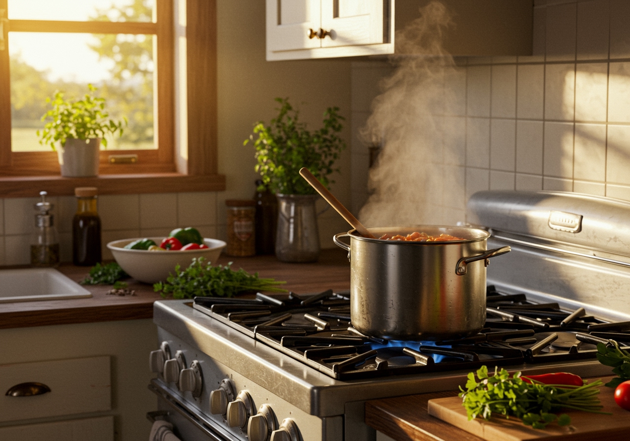 A cozy kitchen scene with a pot of Hodge Podge simmering on the stove.