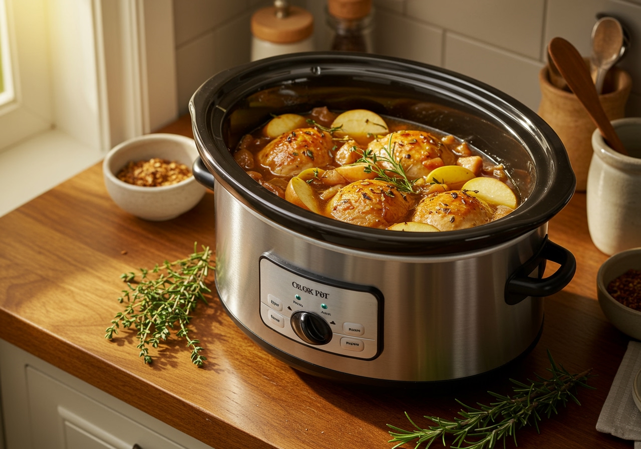 A cozy kitchen scene with a slow cooker gently cooking chicken stew, apples, and honey.